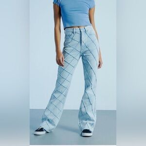 PacSun Light Blue Pintuck High Waist Flare Jeans with Diamond Patchwork 26 boho